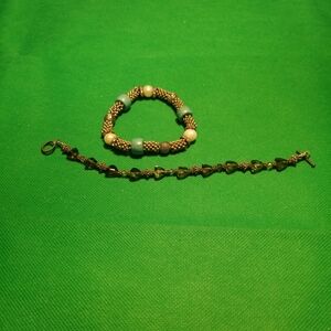 Set Of 2 Bracelets Turquoise Strech Blue Bead, Brown Beaded 7 Inch Bracelet